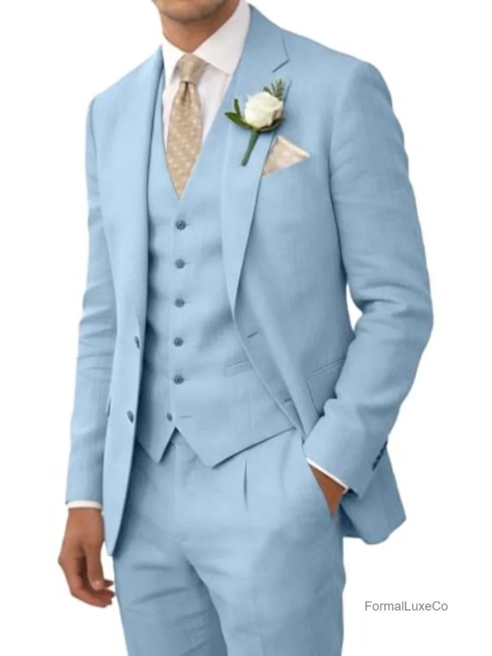 Men's Linen 3-Piece Slim Fit Suit Jacket Vest Pant Set Wedding Tuxedo